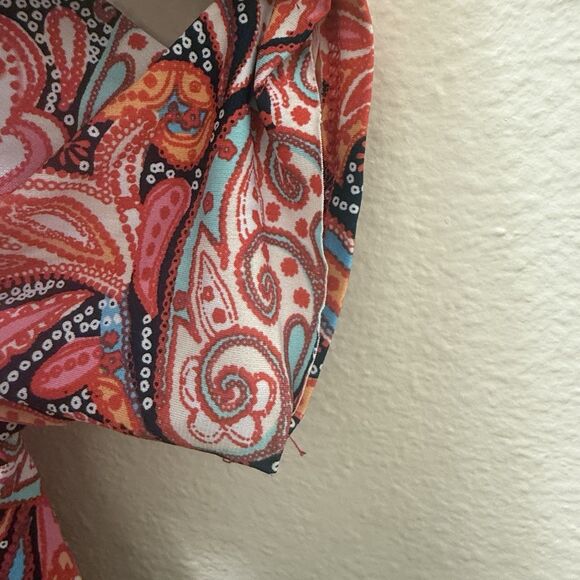 Chico's Size 0 Paisley Tunic Top Blouse Short Sleeve Stretch Orange Pink - Picture 5 of 8